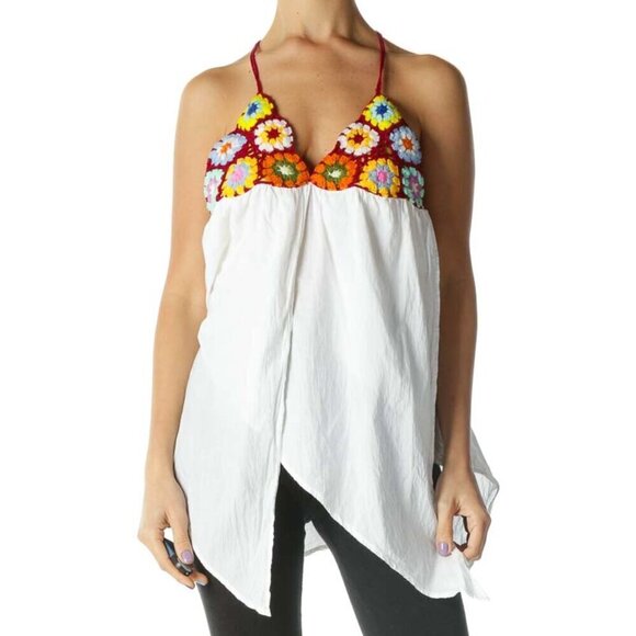 Dean Alan Tops - Dean Alan White and Multicolored Floral Halter Knit Top